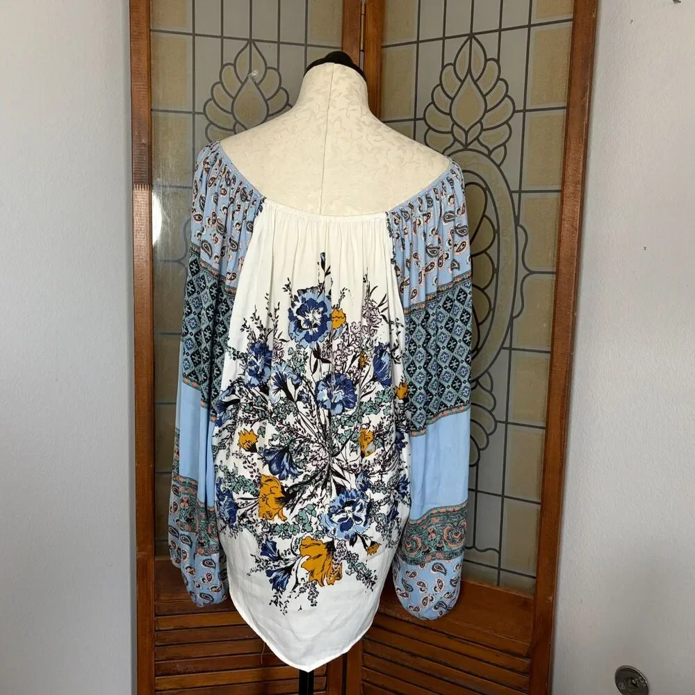 Free People Positano Printed Peasant Top Boho Prairie Cottage Flowy Size M